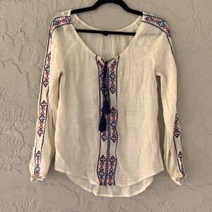 Mine White and Blue Embroidered Long Sleeve Top